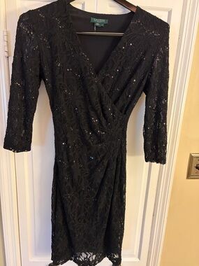 Lauren Ralph Lauren Black Sequin Lace Wrap-Style Dress